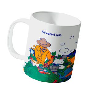 Taza de café personalizada de Vívolo Café con ilustración de caficultor colombiano recolectando granos de café de especialidad.