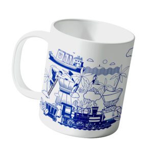 Taza de café de Vívolo Café con ilustración de transporte marítimo y ferroviario del café colombiano de especialidad.