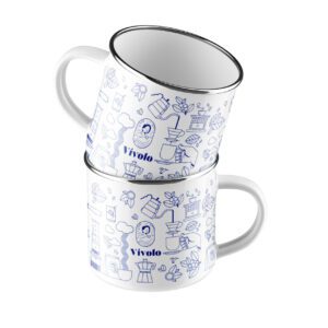 Tazas metálicas de Vívolo Café con diseño colorido inspirado en Santa Marta, Colombia, ideales para café de especialidad.